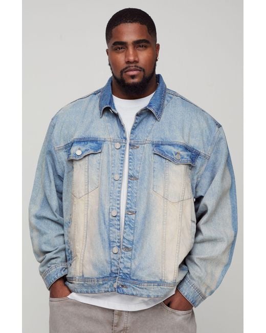 BoohooMAN Men's Blue Plus Tinted Wash Oversized Jean Jacket
