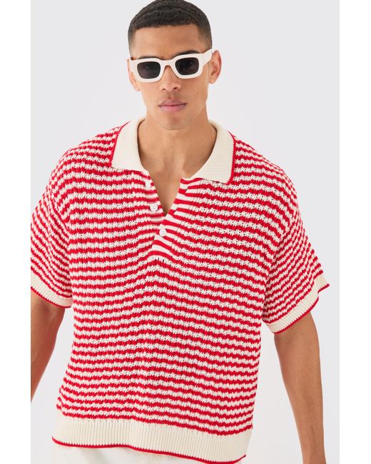 BoohooMAN Red Oversized Boxy Crochet Open Stitch Mix Polo for men
