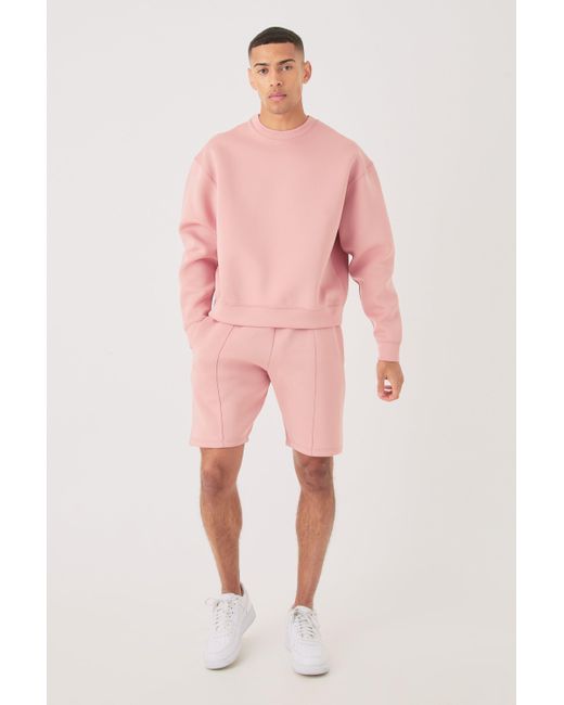 BoohooMAN Pink Oversized Boxy Bonded Scuba Sweater Short Tracksuit for men