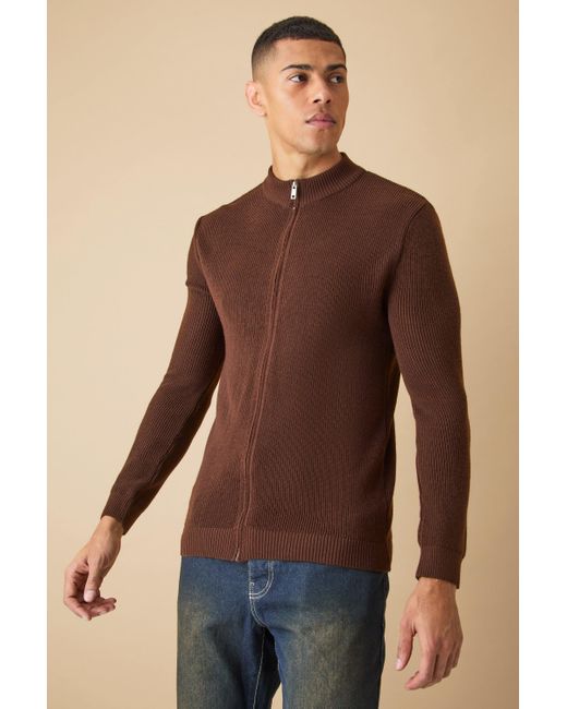 BoohooMAN Brown Muscle Fit Zip Through Rib Knit Jacket for men