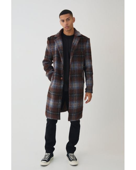 BoohooMAN Black Single Breasted Plaid Overcoat for men