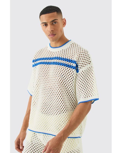 BoohooMAN Blue Oversized Open Stitch Tipped Knitted T-shirt for men