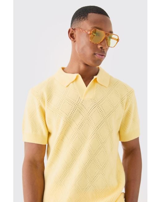 BoohooMAN Regular Fit Revere Open Stitch Polo In Yellow for men