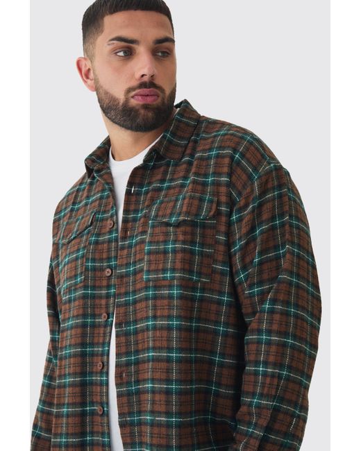 BoohooMAN Black Plus Brushed Tartan Plaid Oversized Shirt for men