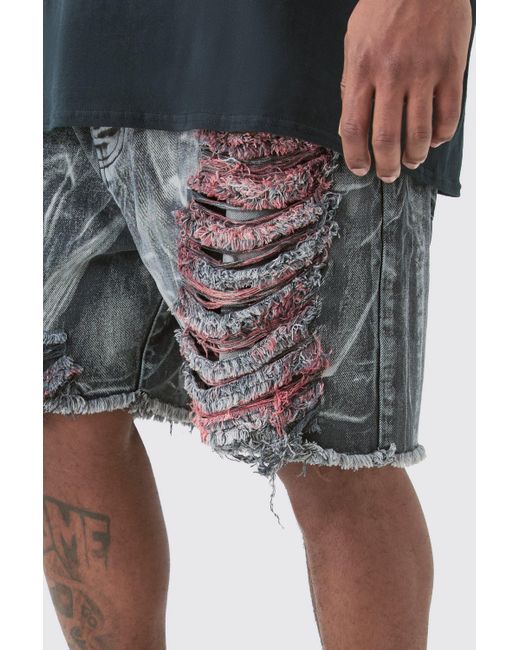 BoohooMAN Black Plus Extreme Rip Acid Wash Relaxed Fit Denim Shorts for men