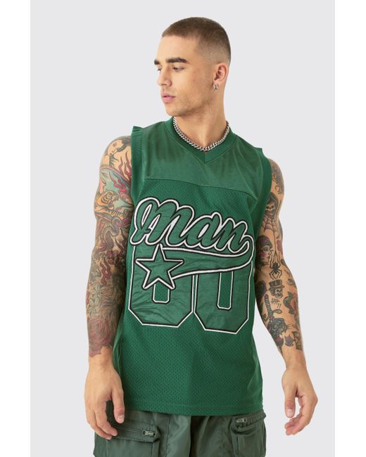 Boohoo Green Mesh And Satin Varsity Applique Tank