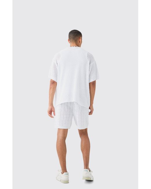 BoohooMAN Crochet Knitted Mid Length Shorts In White for men