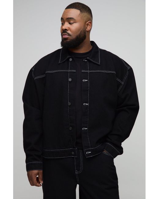 BoohooMAN Black Plus Boxy Oversized Contrast Stitch Denim Jacket for men