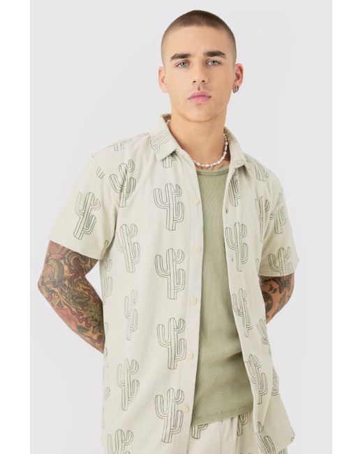BoohooMAN Towelling Cactus Shirt & Short Set in Natural für Herren