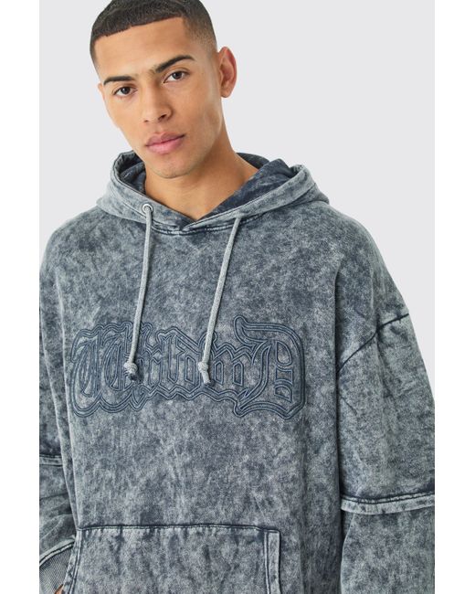 BoohooMAN Gray Oversized Faux Layer Acid Wash Embroidered Hoodie for men