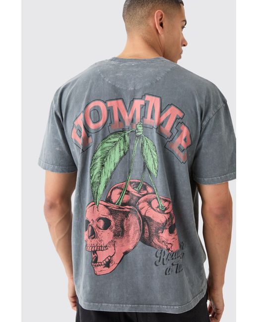 BoohooMAN Oversized Acid Wash Cherry Graphic T-shirt in Gray für Herren