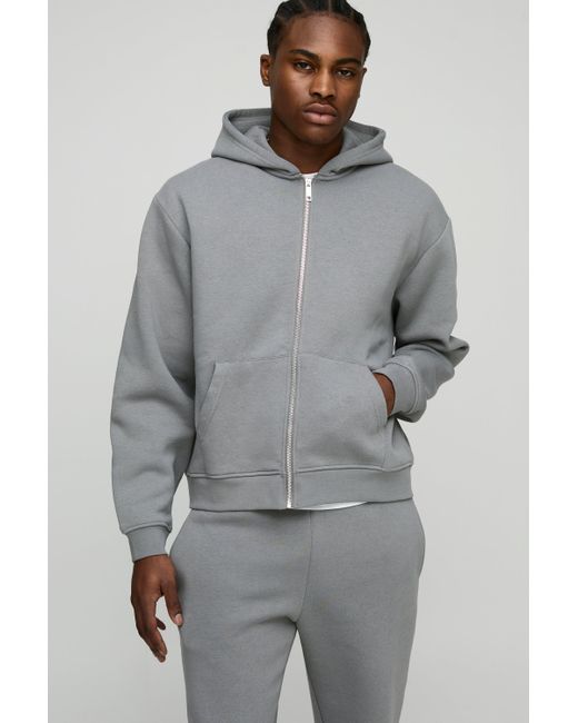 BoohooMAN Gray 330Gsm Oversized Boxy Zip Through Hooded Tracksuit for men