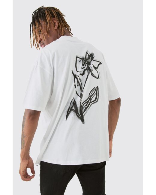 BoohooMAN Tall Mono Floral T-shirt In White for men