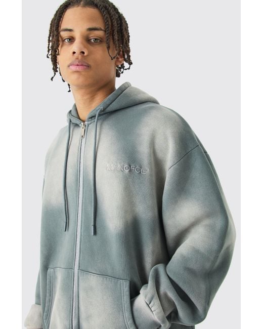 BoohooMAN Blue Oversized Sun Bleach Washed Zip Through Hoodie for men