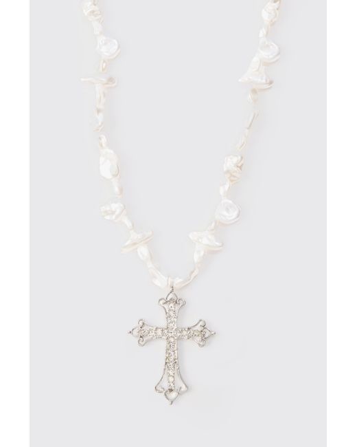 BoohooMAN White Iced Cross Pearl Necklace In Silver for men