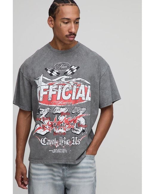 BoohooMAN Gray Charcoal Oversized Washed Official Moto Printed T-Shirt for men