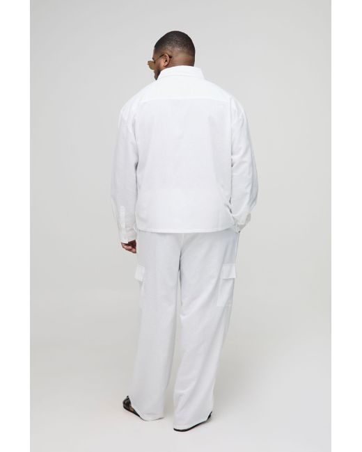 BoohooMAN White Plus Long Sleeve Linen Look Regular Overshirt