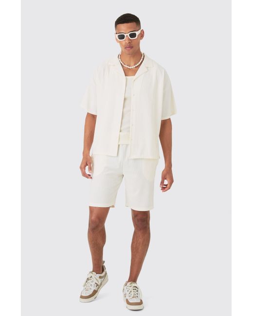 Boohoo White Short Sleeve Ribbed Boxy Shirt & Short Set