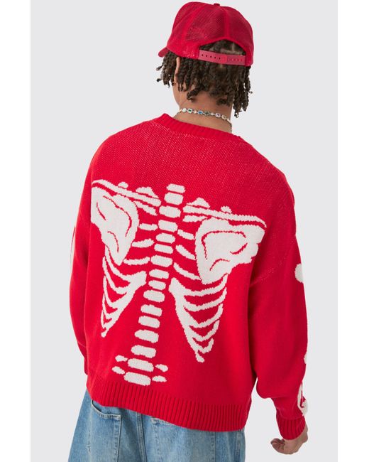 BoohooMAN Red Boxy Oversized Skeleton Jacquard Cardigan for men