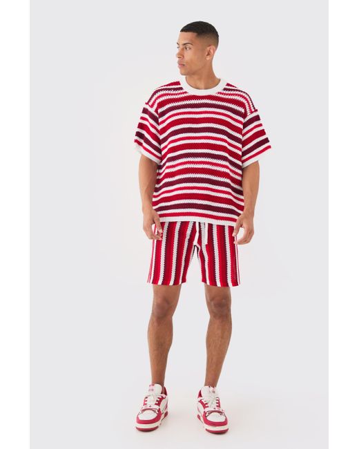 BoohooMAN Relaxed Open Stitch Stripe Knit Short In Red for men