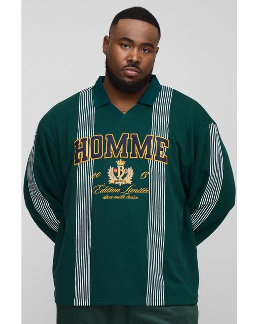 BoohooMAN Green Plus Oversized Homme Applique Stripe Rugby Polo for men