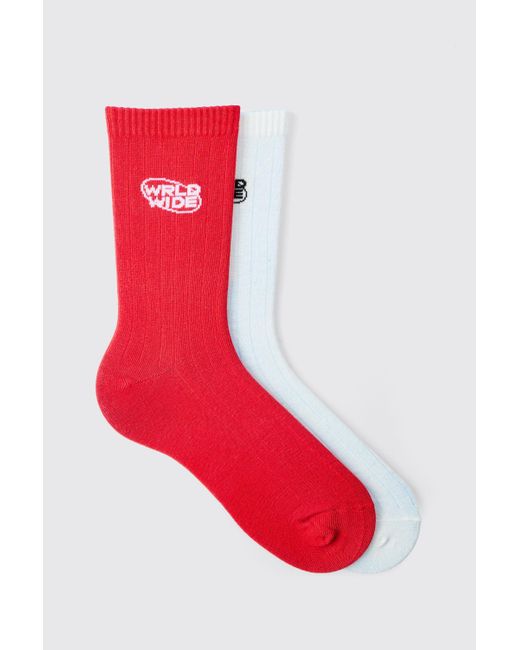 BoohooMAN 2 Pack Worldwide Intarsia Socks in Red für Herren