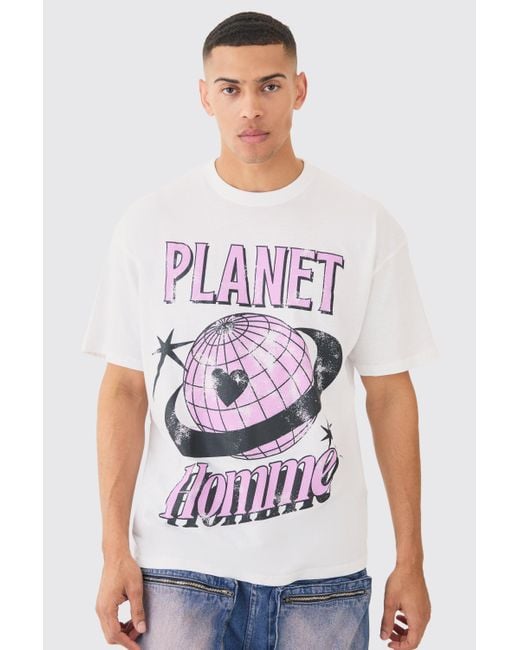 BoohooMAN White Oversized Planet Homme Print T-shirt for men