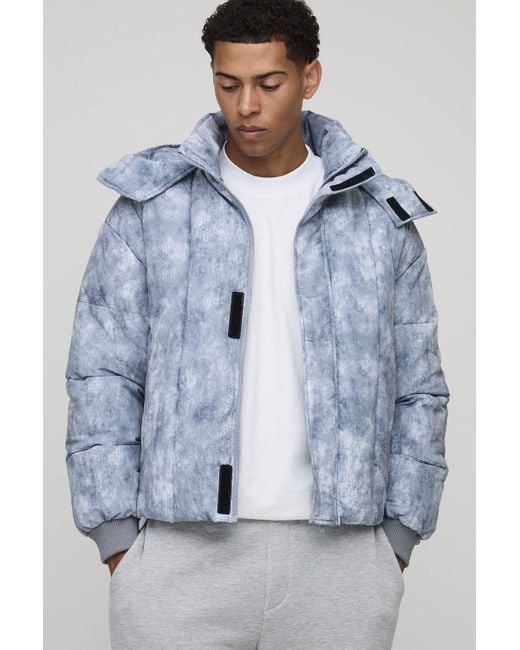 Oversized Fit Washed Nylon Hooded Funnel Neck Duvet Puffer Jacket Boohoo de color Blue