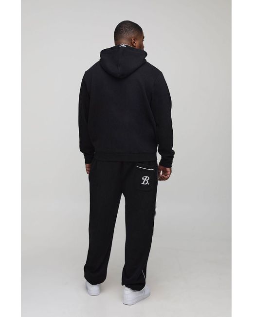 BoohooMAN Black Plus Regular B Embroidered Piped Hoodie & Oversized Jogger Tracksuit for men