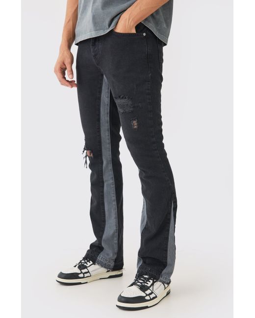BoohooMAN Black Slim Flare Distressed Panel Jeans for men