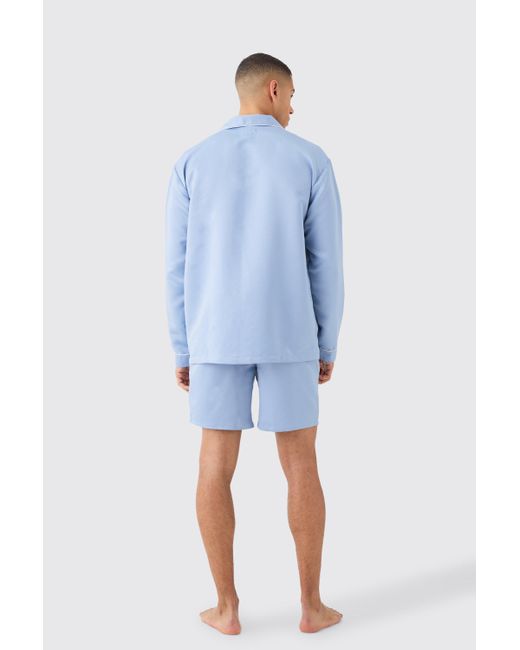 BoohooMAN Blue Satin Piping Shirt & Lounge Short Set for men