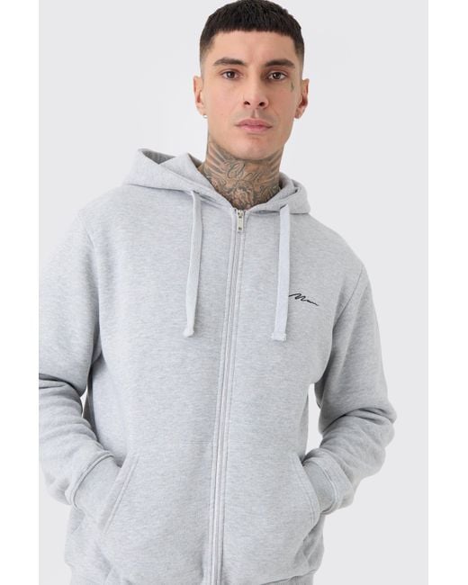 BoohooMAN Gray Tall Basic Man Signature Zip Through Hoodie In Grey Marl for men