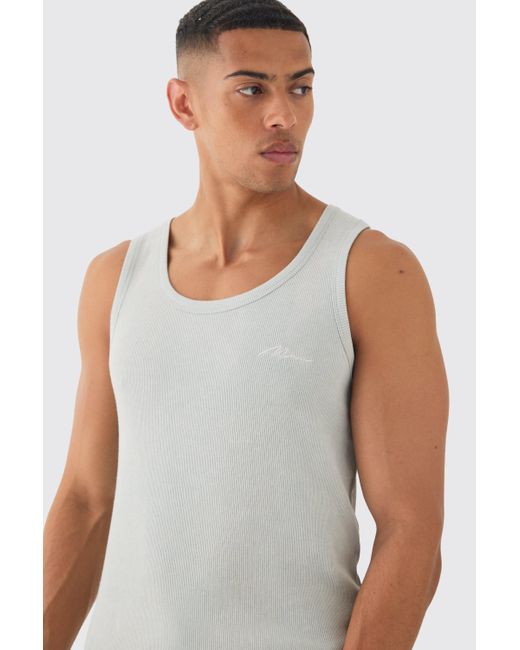 BoohooMAN White Slim Acid Washed Signature Ribbed Tank for men