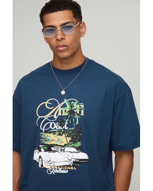 BoohooMAN Kastiges Oversize T-Shirt mit Print in Blue für Herren