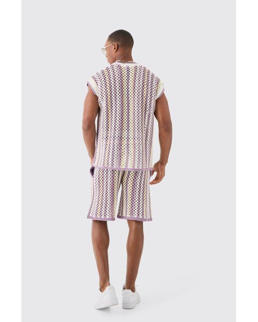 BoohooMAN Pink Relaxed Open Stitch Stripe Knitted Shorts for men