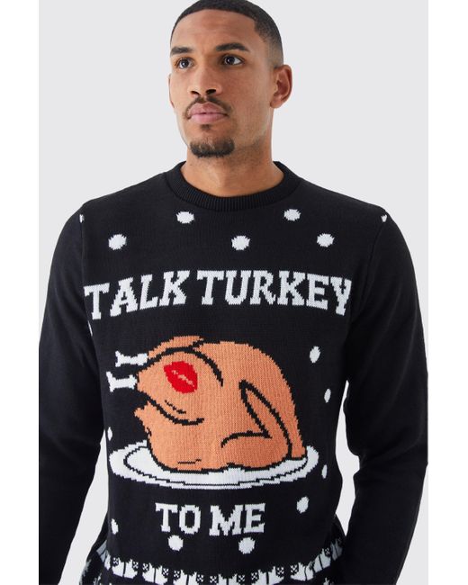 BoohooMAN Blue Tall Talk Turkey To Me Christmas Jumper for men