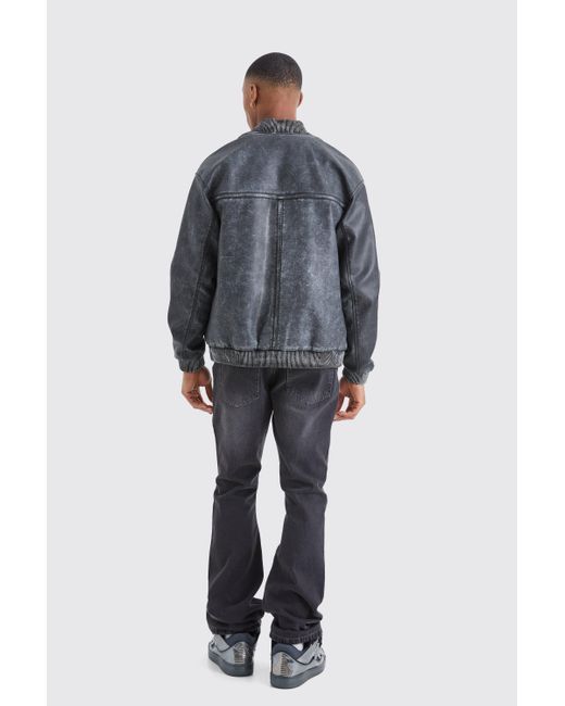 BoohooMAN Gray Washed Pu Bomber Jacket for men