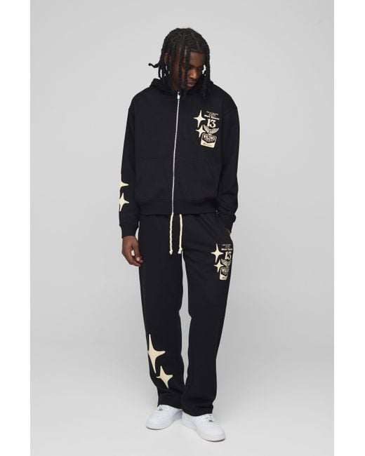 BoohooMAN Men's Black Oversized Boxy Graphic Hooded Zip Tracksuit