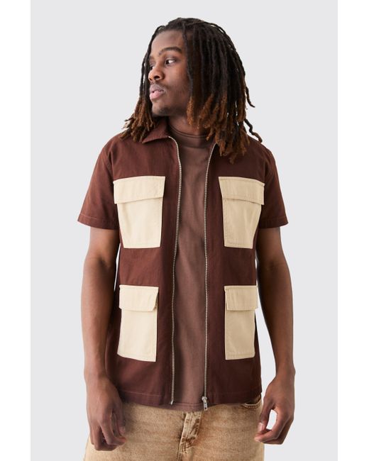 BoohooMAN Brown Short Sleeve Contrast Pocket Twill Shirt for men