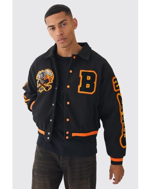 BoohooMAN Blue Boxy Badge Collared Varsity Jacket for men