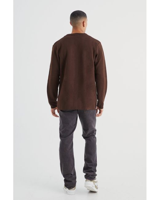 BoohooMAN Brown Long Sleeve Rib Collar Jacquard Knit Shirt for men