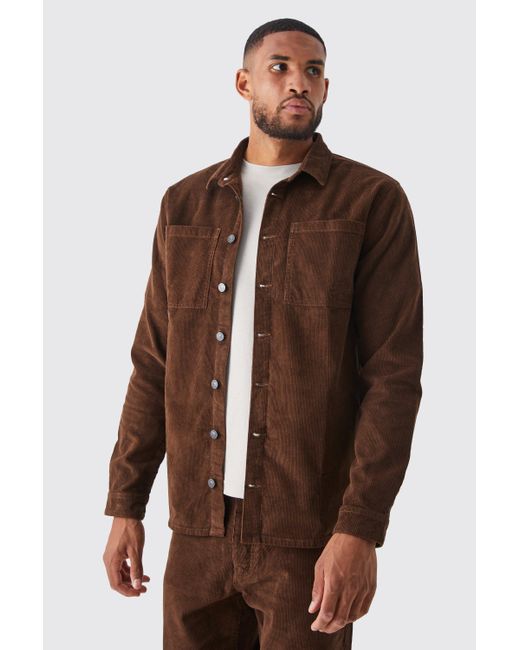 BoohooMAN Brown Tall Cord Cargo Overshirt for men