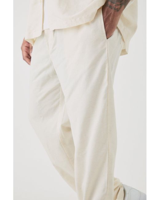 BoohooMAN White Plus Elasticated Waist Tapered Linen Pants In Natural for men