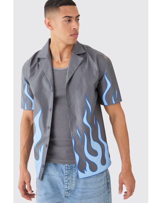 BoohooMAN Blue Short Sleeve Dropped Revere Pu Flame Shirt for men