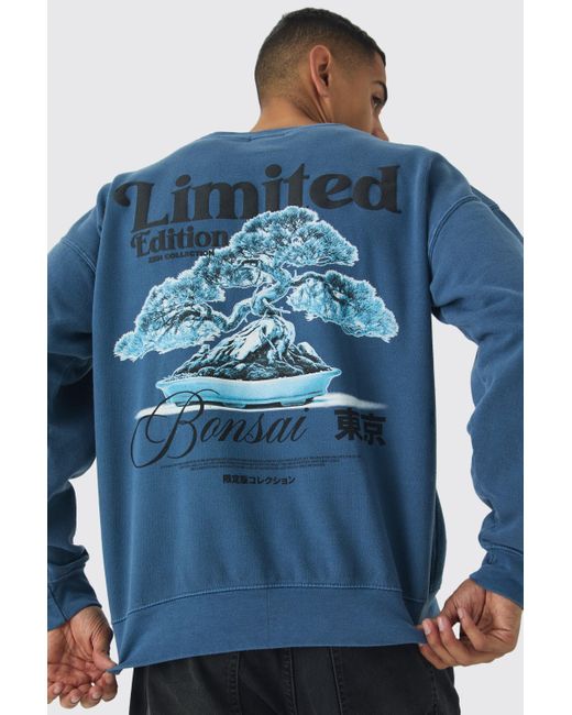 BoohooMAN Blue Regular Fit Limited Edition Bonsai Puff Print Washed Sweatshirt for men
