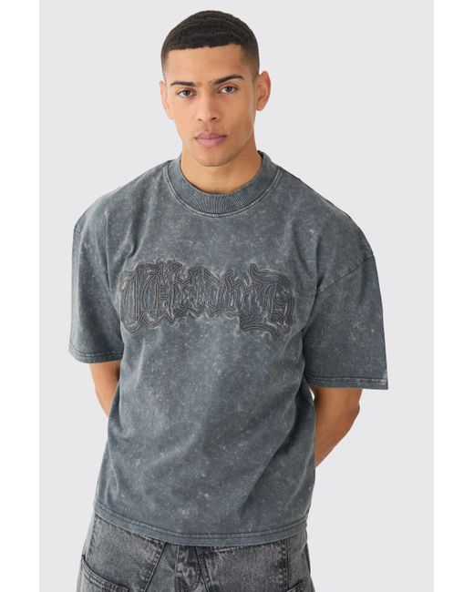 BoohooMAN Gray Oversized Boxy Acid Wash Worldwide Applique T-shirt for men