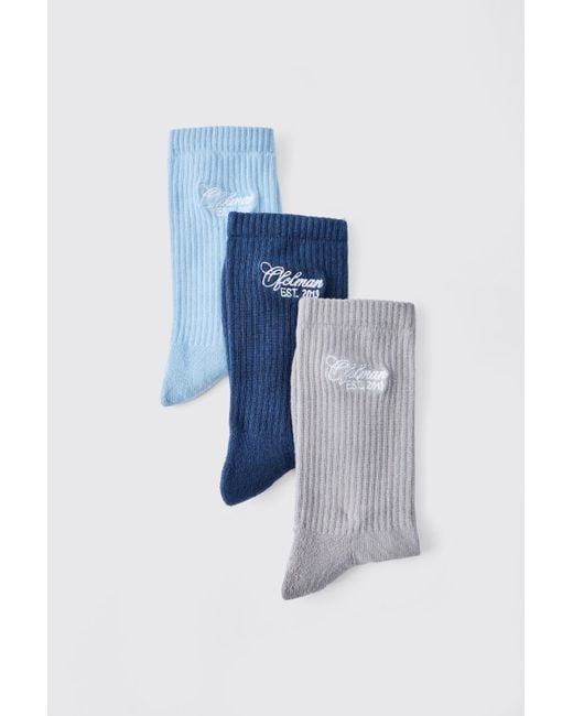 Pack De 3 Pares De Calcetines Deportivos Con Bordado Man Y Rayas BoohooMAN de color Blue