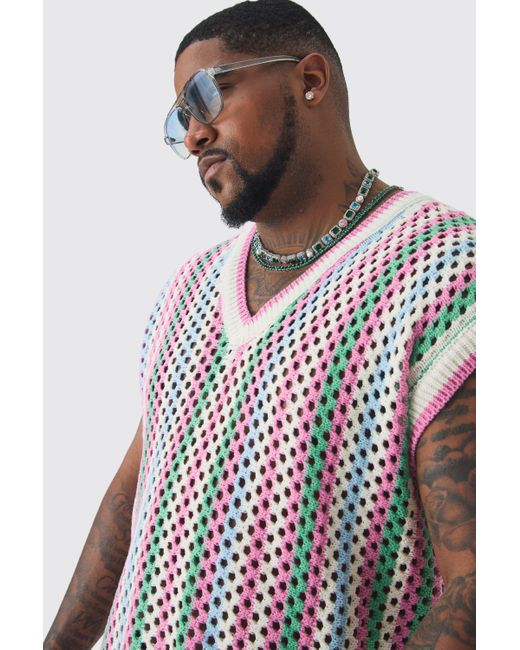 BoohooMAN Pink Plus Oversized Open Stitch Crochet Knitted Tank for men