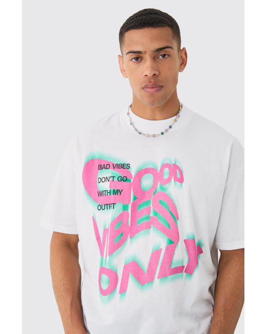 Oversized Extended Neck Good Vibes Only T-Shirt Boohoo de color White