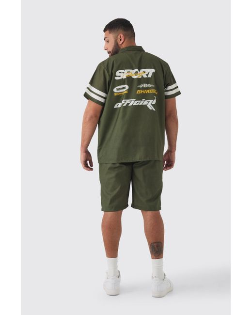 BoohooMAN Green Plus Moto Print Shirt & Short Set In Khaki for men